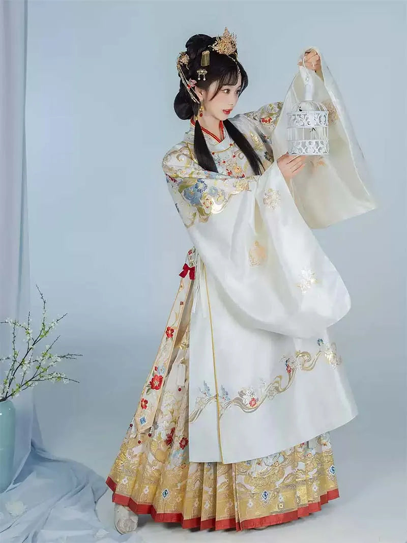 Ming Dynasty Hanfu | Brocade Round Collar Robe & Horse Face Skirt Set