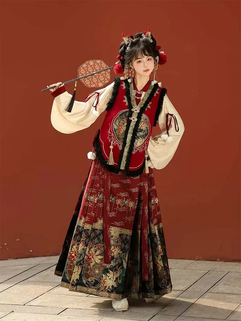 Modern hanfu female outfit with pipa sleeves, brocade mamian skirt, and festive vest top