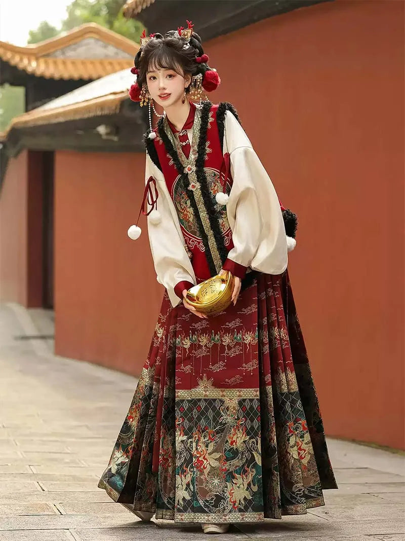 Modern hanfu female outfit with pipa sleeves, brocade mamian skirt, and festive vest top