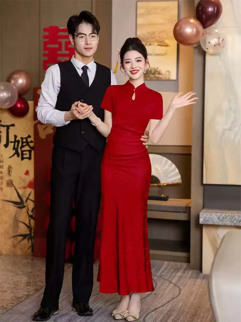 Modern Qipao Wedding dress,embroidered cheongsam bridal gown for autumn weddings, engagement, tea ceremony, and plus-size brides