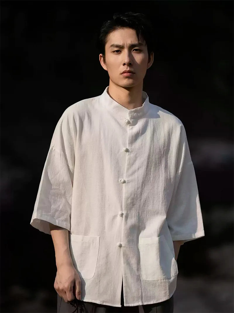 Modern Tang suit male, Chinese linen Mandarin collar shirt, men’s casual summer cotton-linen short sleeve Tang-style fashion