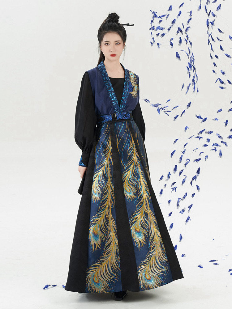 Peacock Embroidered Long Dress with Brocade Detail