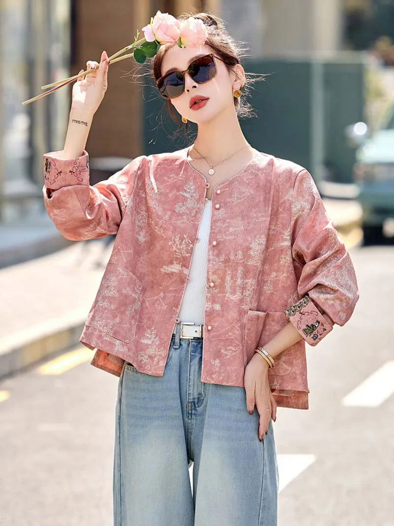 Pink Tang suit jacket with elegant embroidery and modern Chinese design for stylish women