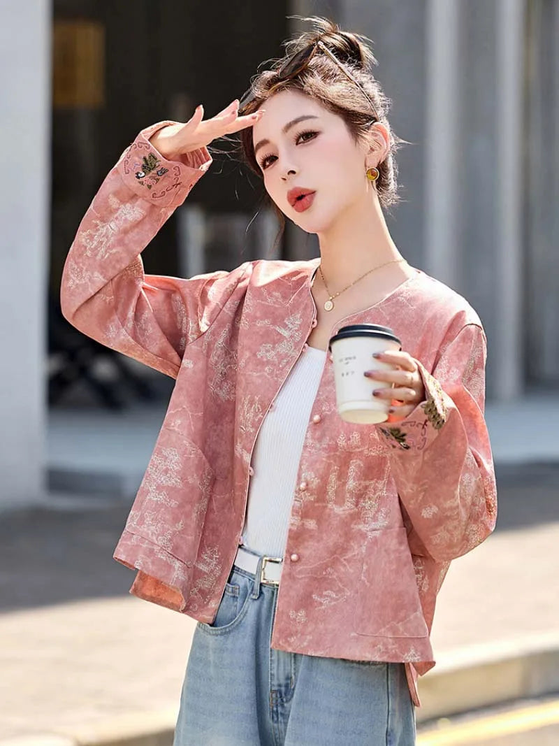 Pink Tang suit jacket with elegant embroidery and modern Chinese design for stylish women