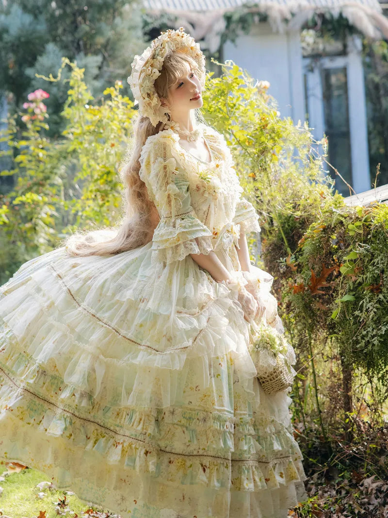 Princess sweet daisy Lolita OP dress with soft pastoral style and floral details