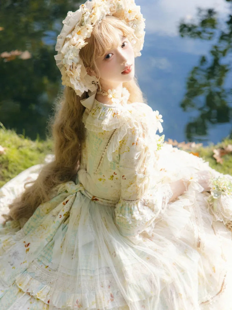 Princess sweet daisy Lolita OP dress with soft pastoral style and floral details