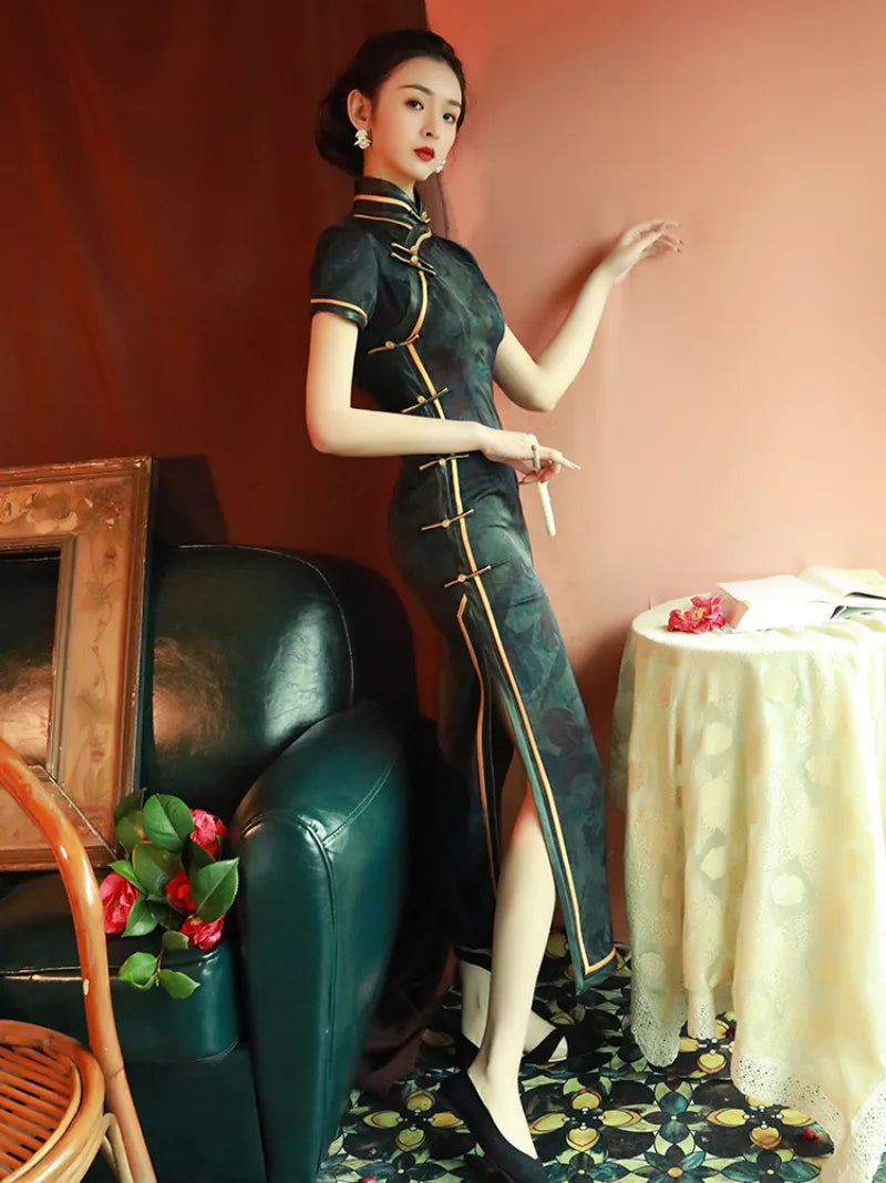 Elegant qipao dress traditional with modern Chinese design, vintage charm, and graceful long silhouette