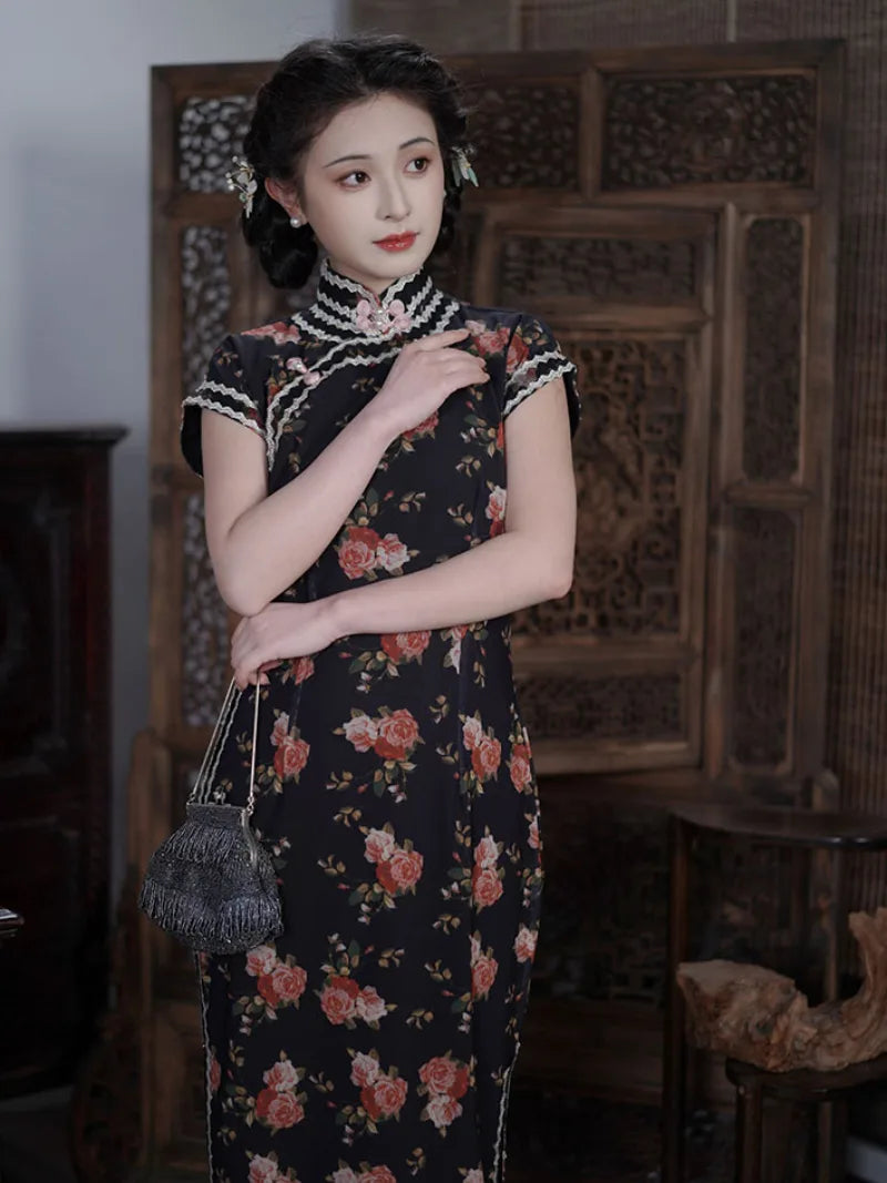Dark Rose long qipao dresses in vintage Chinese style, elegant semi-open cheongsam for young women with timeless charm