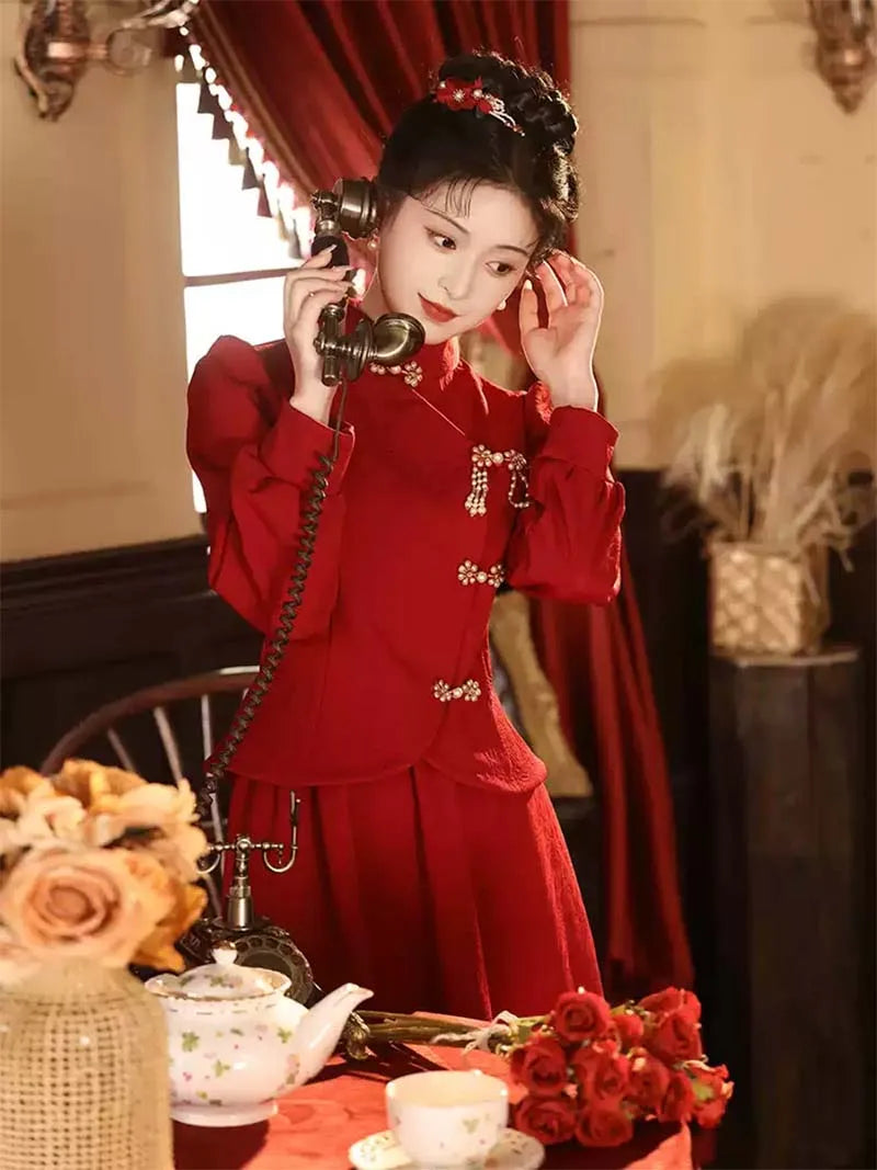 Qipao for Wedding | Red Bridal Chinese Dress Set Autumn Winter Thickened
