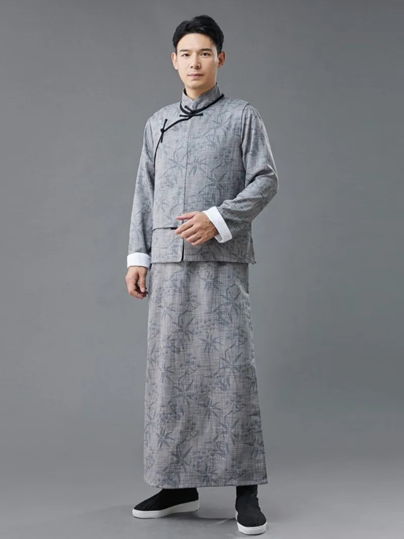 Qipao mens vintage Chinese long robe with printed poly-linen fabric and frog buttons