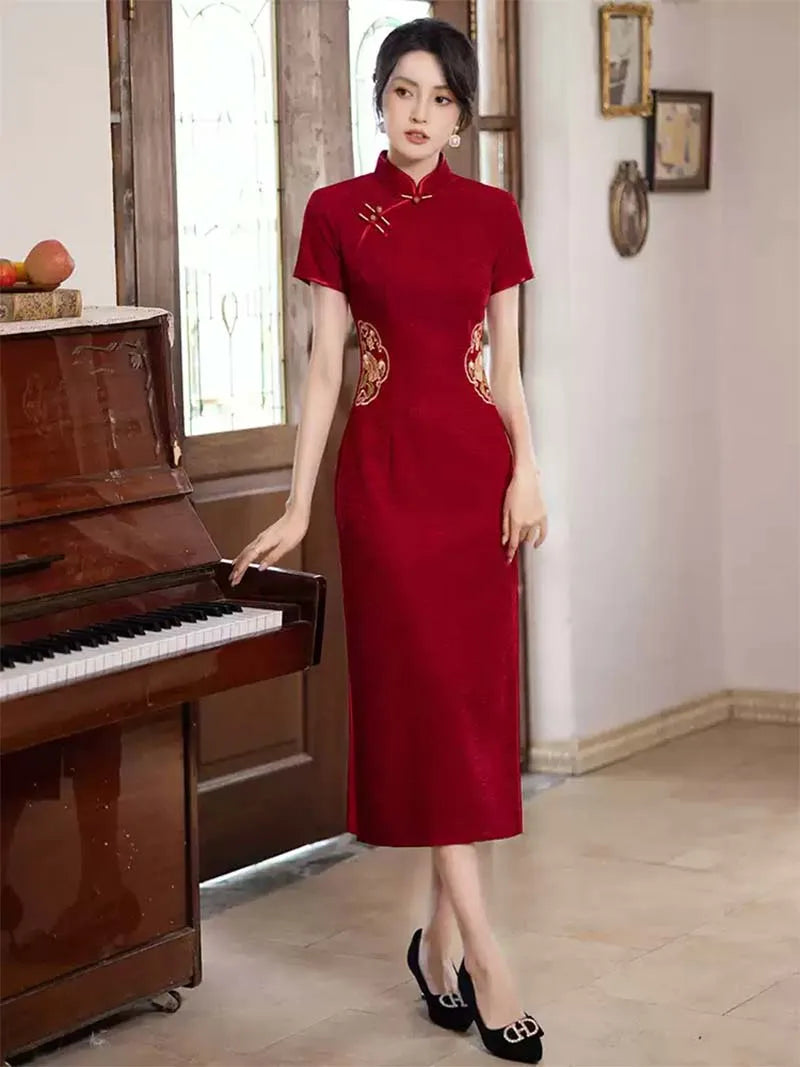 Qipao Wedding Gown | Red Embroidered Chinese Dress for Wedding Banquet