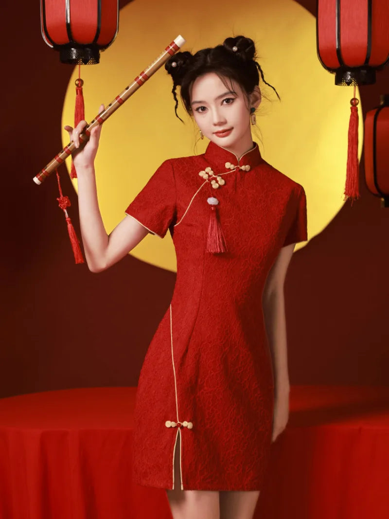 Red chinese dress red qipao dress with modern short cut for engagement and bridal toast