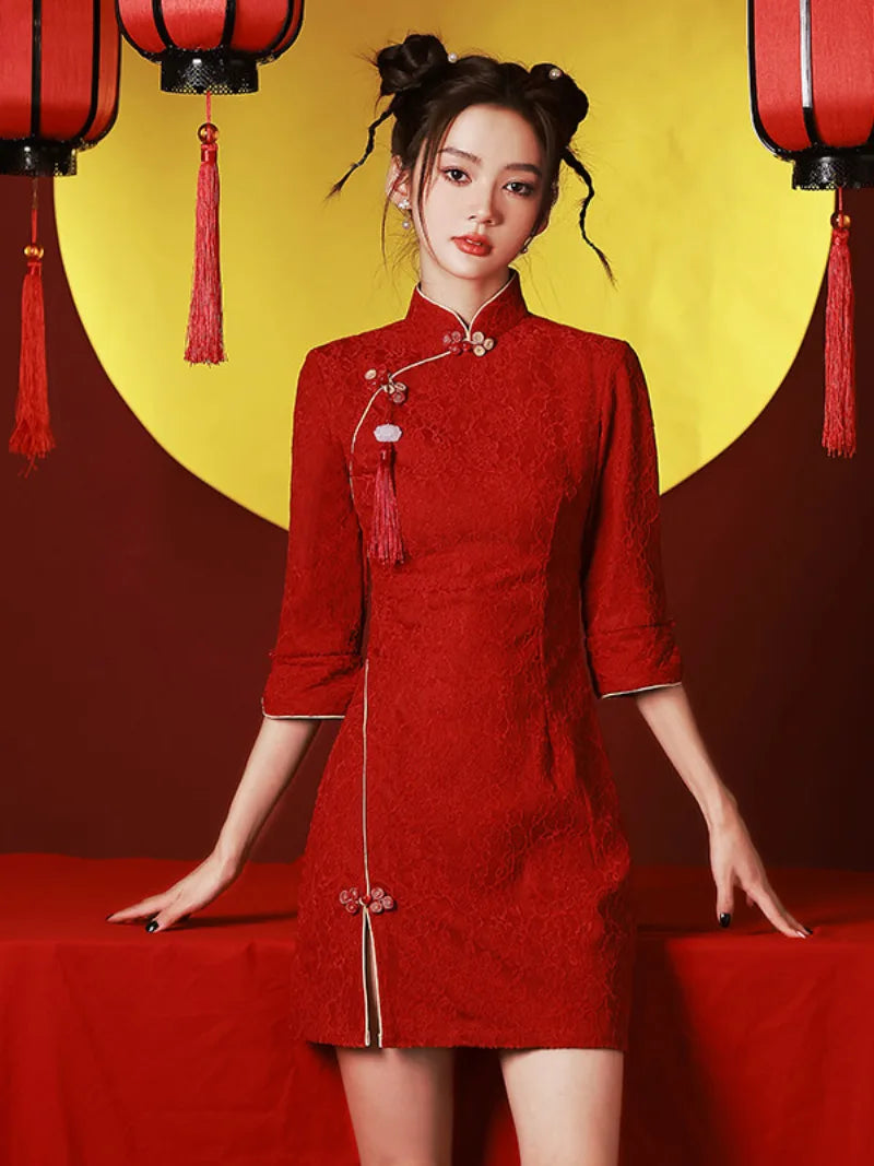 Red chinese qipao with burgundy tone short red qipao dress