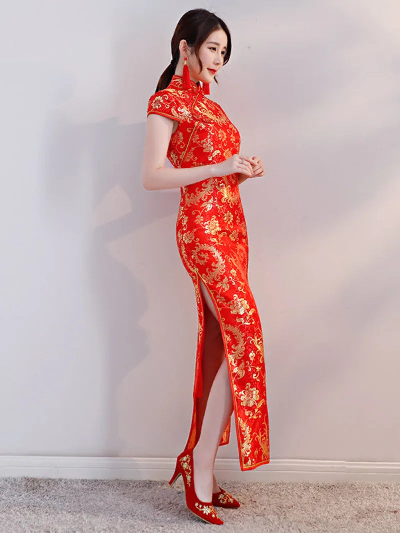 Red qipao dress long Chinese style gown for banquet and formal events