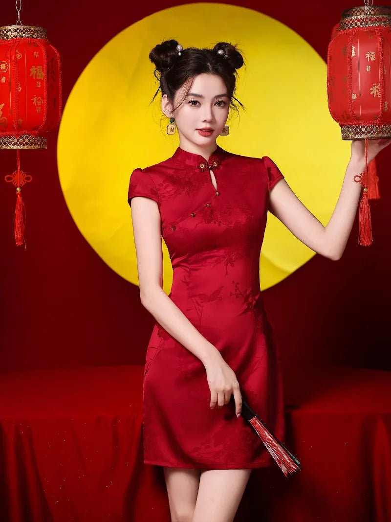 qipao dress short Mini Qipao, Velvet dress, Black Cheongsam, Chinese S / Black and a semi Red Qipao Modern | Graceful