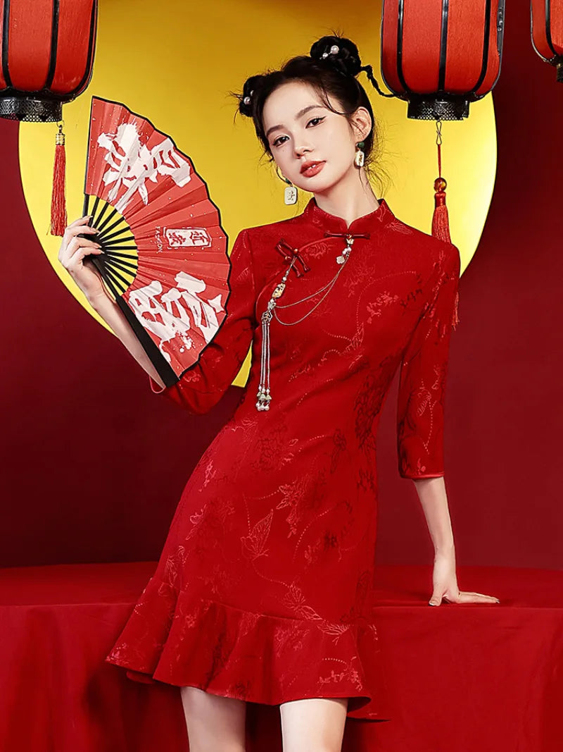 Red qipao short red qipao dress with fishtail design for engagement and wedding toast