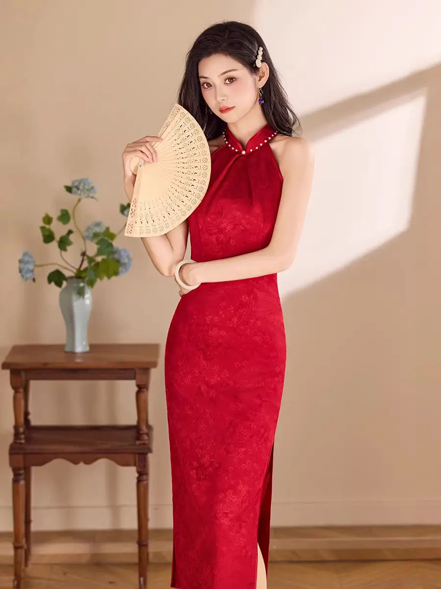 Pearl-Trimmed Sleeveless Halter Jacquard Satin Qipao