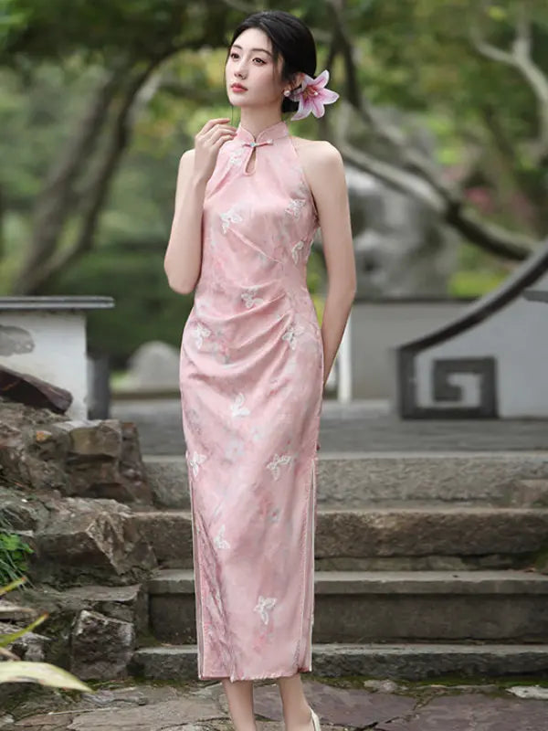Modern Chinese Pastel Floral Halter Neck Sleeveless Qipao