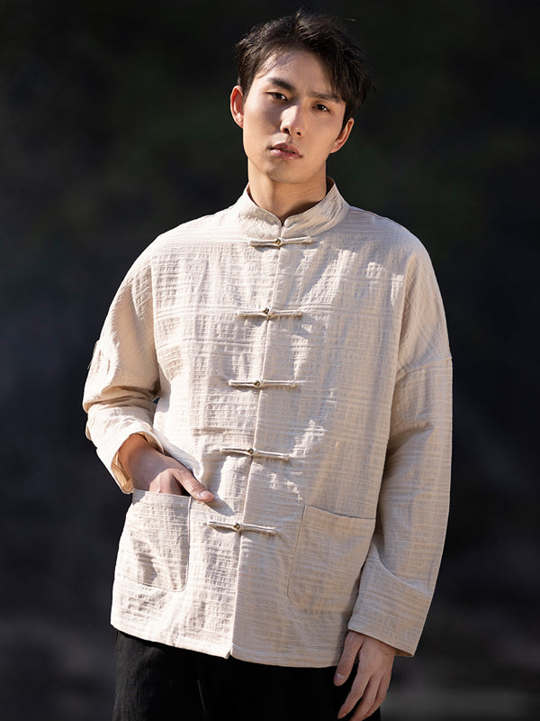 Chinese Stylish Linen Long Sleeve Shirt Solid Color
