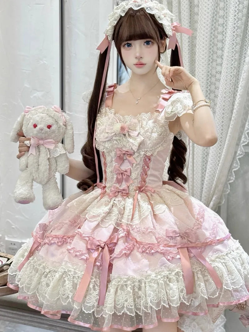 Sweet cloth Lolita ballet JSK dress with bow front and lace straps