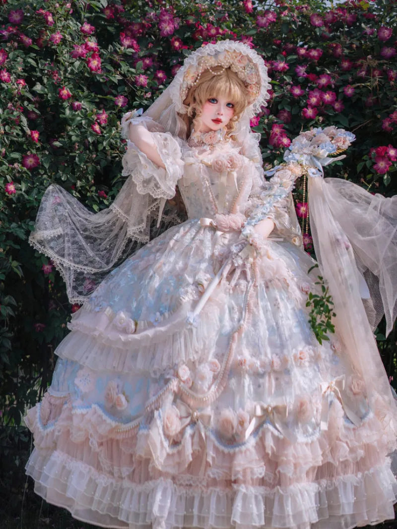 Sweet dresses rose banquet Lolita long OP with elegant floral princess style