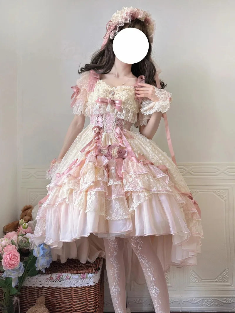 Sweet lolitia rose wedding dress with princess silhouette and short embroidered skirt