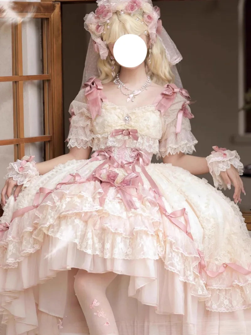 Sweet lolitia rose wedding dress with princess silhouette and short embroidered skirt