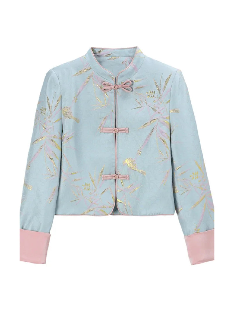 Elegant modern Tang jacket for women with embroidery, jacquard fabric, and traditional frog button details