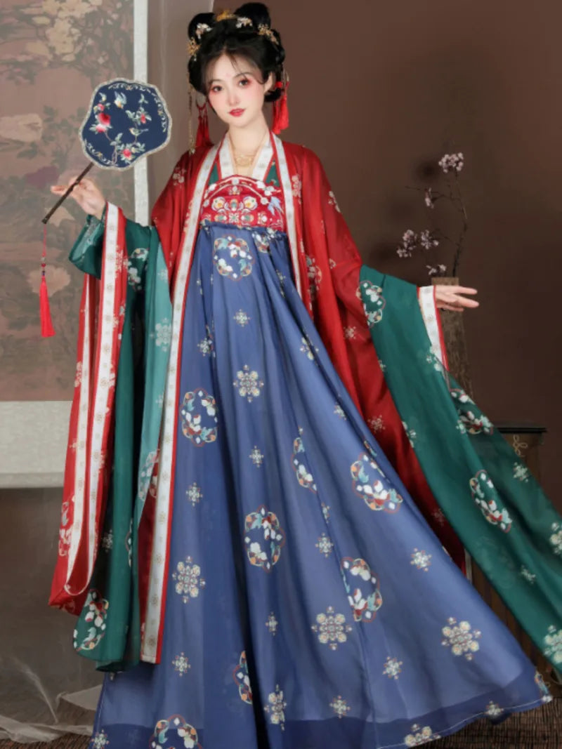 Tang style hanfu showcasing wide sleeves and vibrant traditional patterns