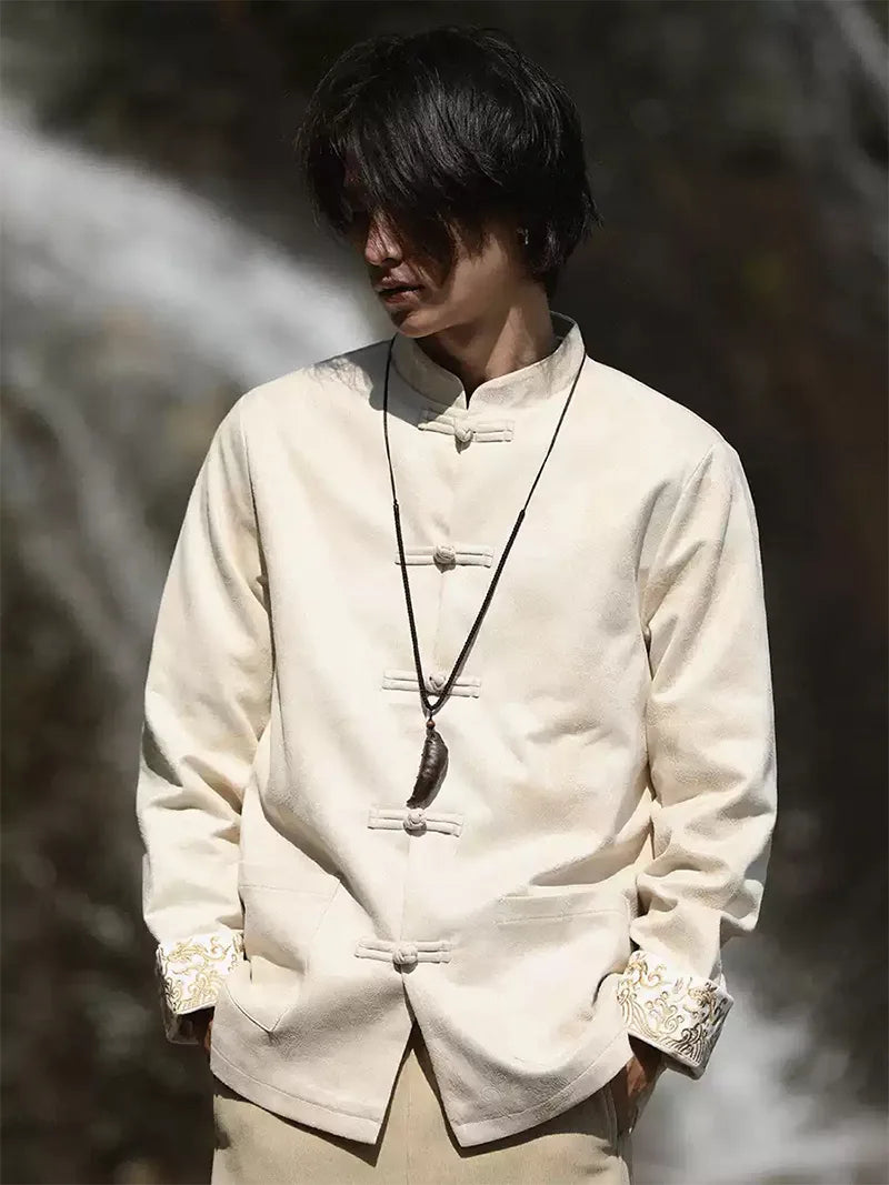 Velvet Tang suit for men with traditional frog buttons and loose-fit design, perfect for autumn and winter wear with a modern Chinese fashion touch.
