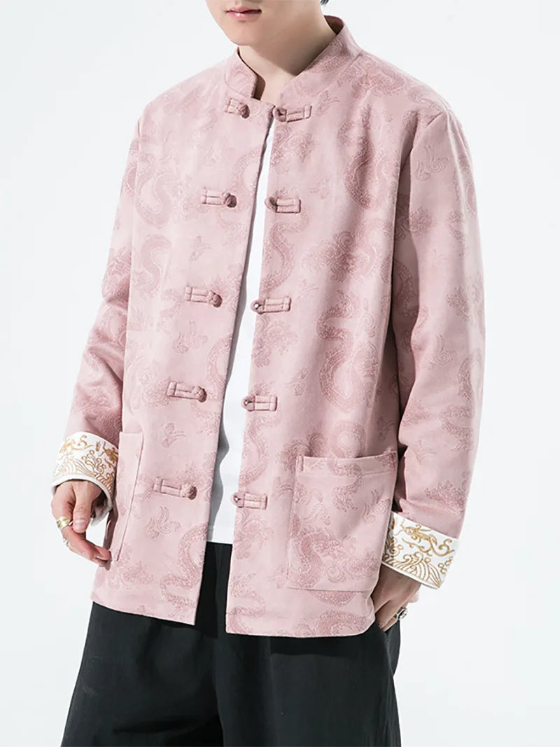 Velvet Tang suit for men with traditional frog buttons and loose-fit design, perfect for autumn and winter wear with a modern Chinese fashion touch.