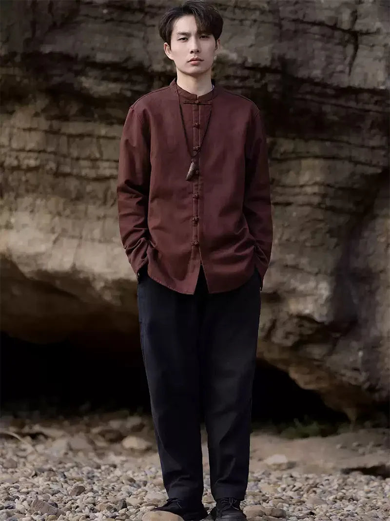 Tang suit Chinese men’s winter jacket with stand collar and fleece lining in solid color design