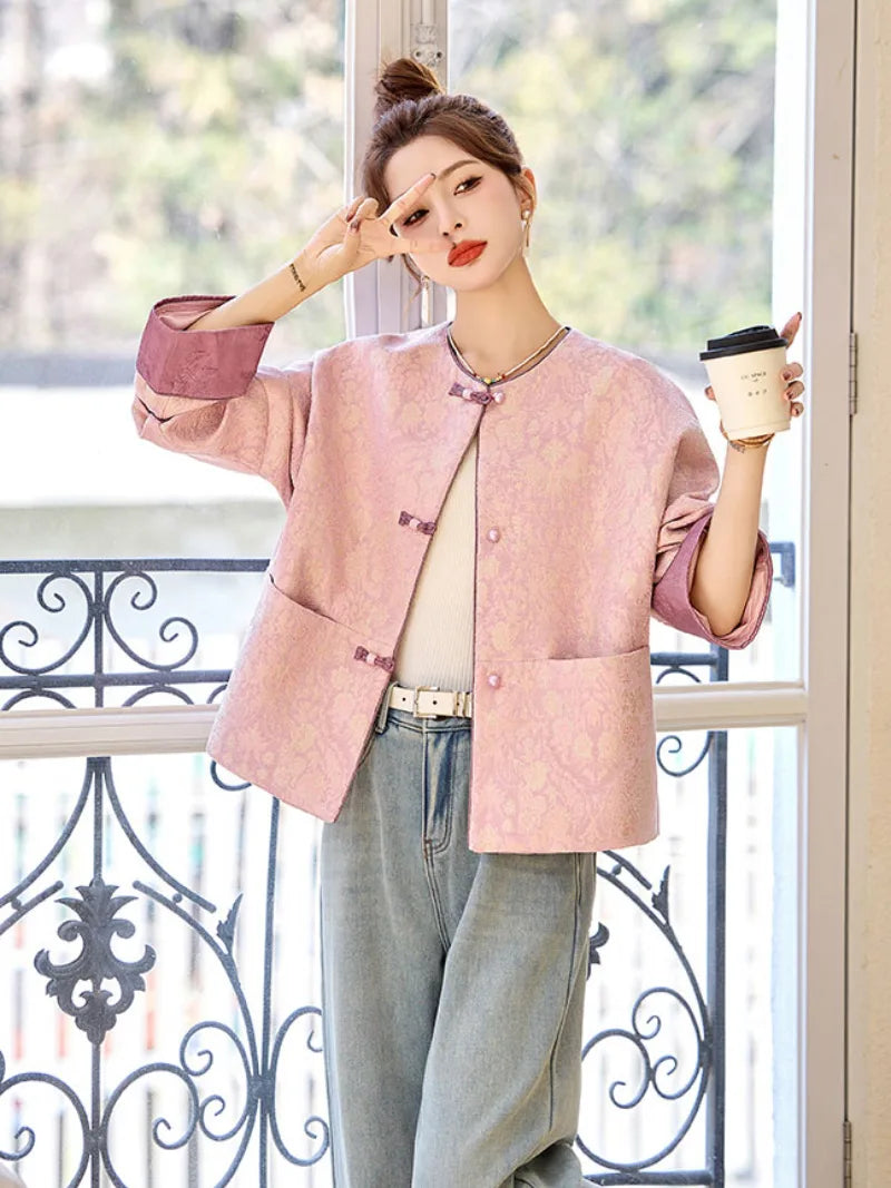 Tang suit female high-end jacquard Chinese jacket with pankou buttons, modern traditional style for elegant women
