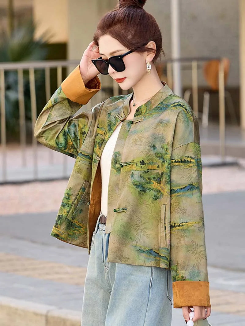 Modern Tangzhuang jacket for women featuring elegant prints, short design, and refined Chinese traditional craftsmanship.