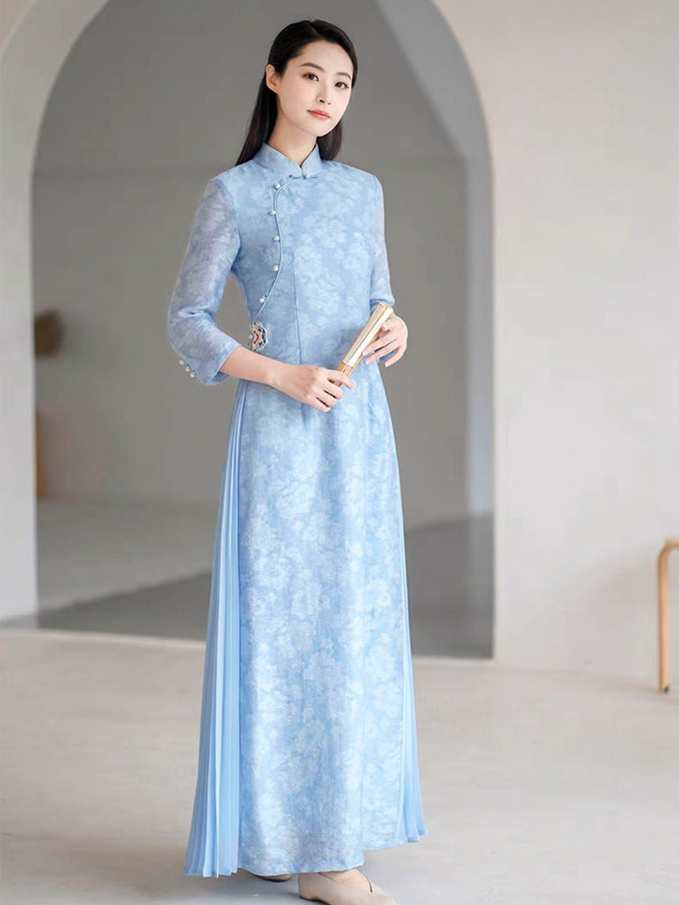 Tea Ceremony Dress Embroidered Tencel Linen Long Dress