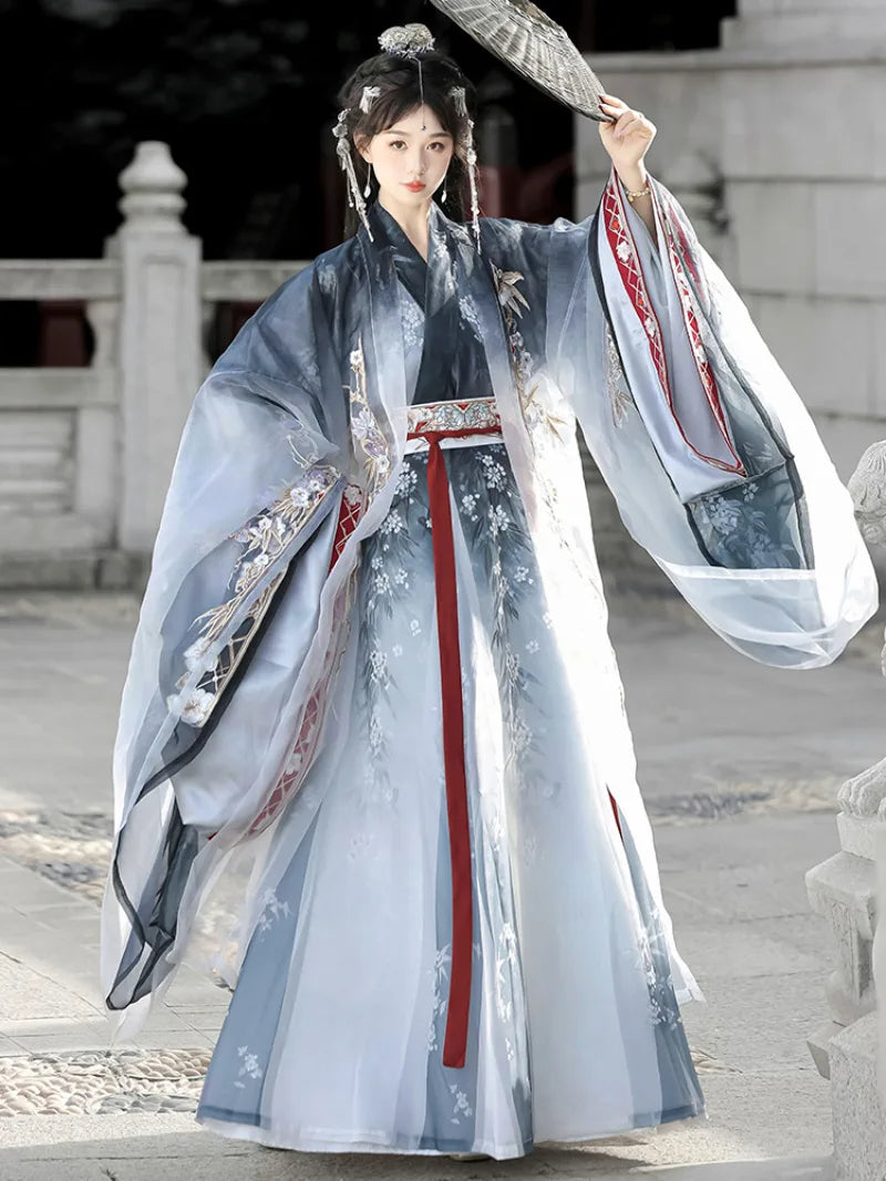 Elegant traditional Chinese clothes Wei Jin Hanfu set with cross-collar top and flowing skirt
