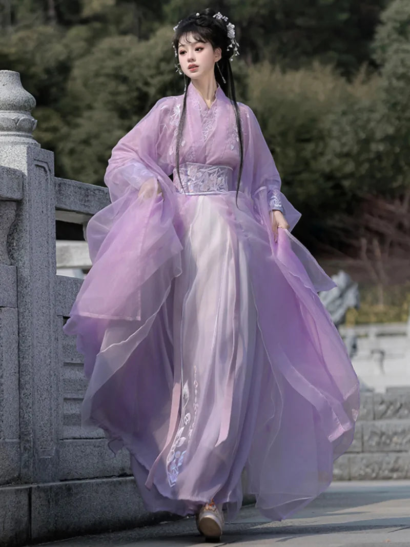 Elegant traditional Chinese costume with Wei Jin straight-hem design and flowing fairy-like silhouette.