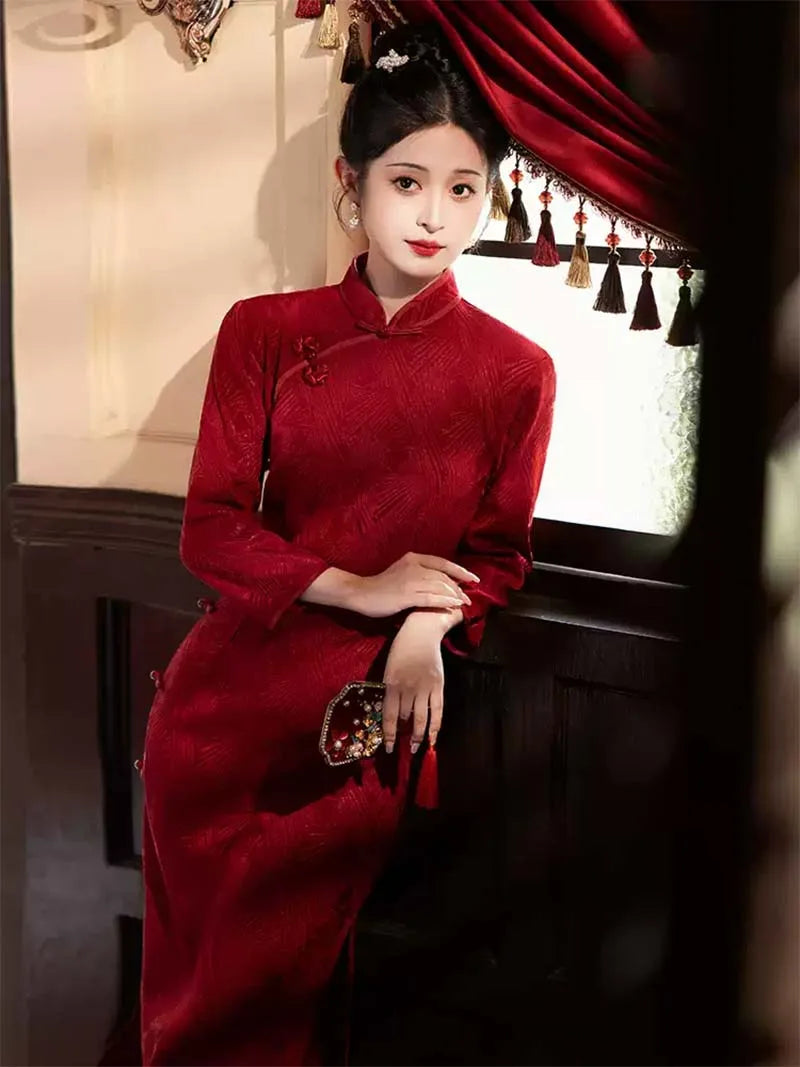 Traditional Qipao Wedding Dress | Beautiful Red Long Sleeve Chinese Bridal Gown