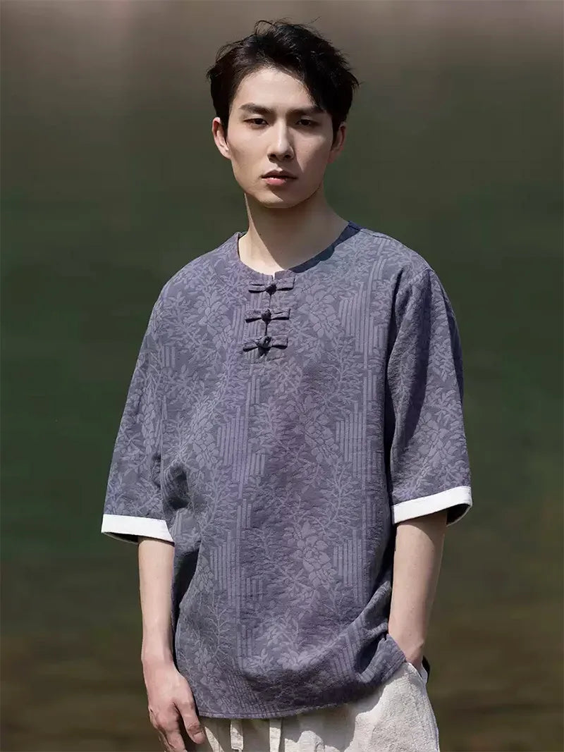 Traditional Tang Suit men’s linen short-sleeve shirt with round collar and contrast cuffs, modern Chinese style