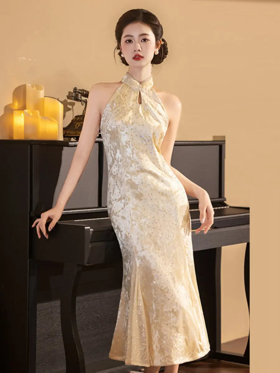 Champagne Halter Neck Velvet Mermaid Qipao with Embroidered Sequin