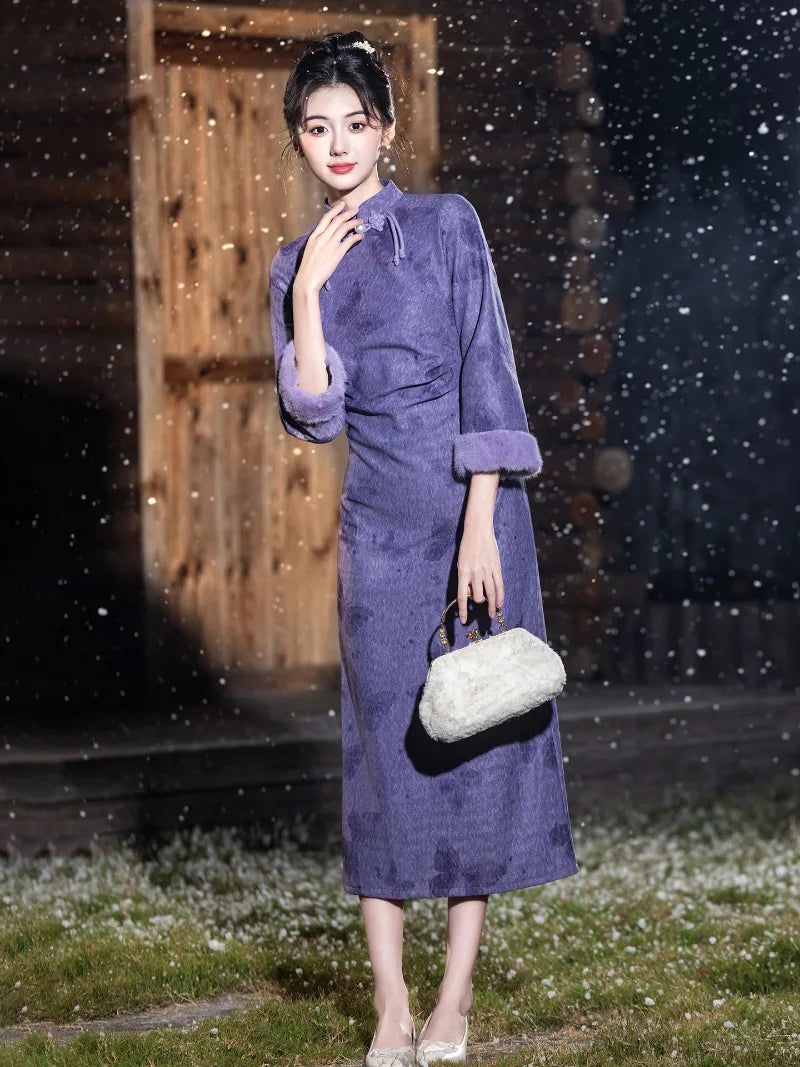 Fleece-lined warm winter cheongsam featuring a classic stand collar and waist-sculpting silhouette
