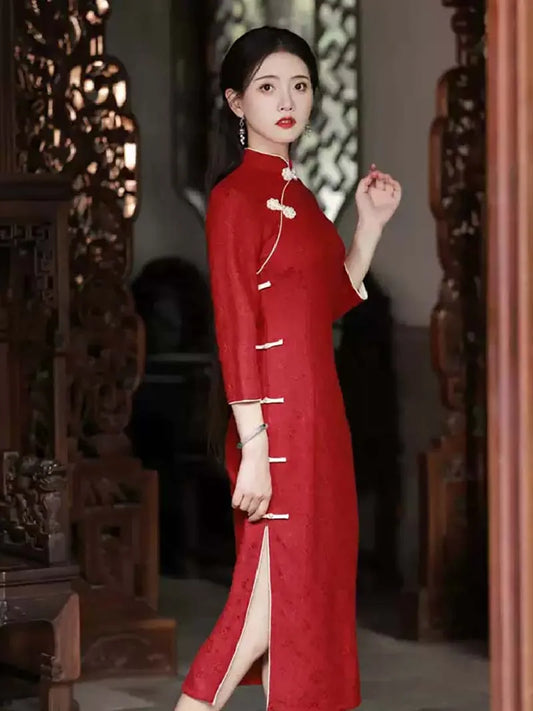 Wedding Chinese Qipao Red | Long Sleeve Lace Bridal Dress for Autumn