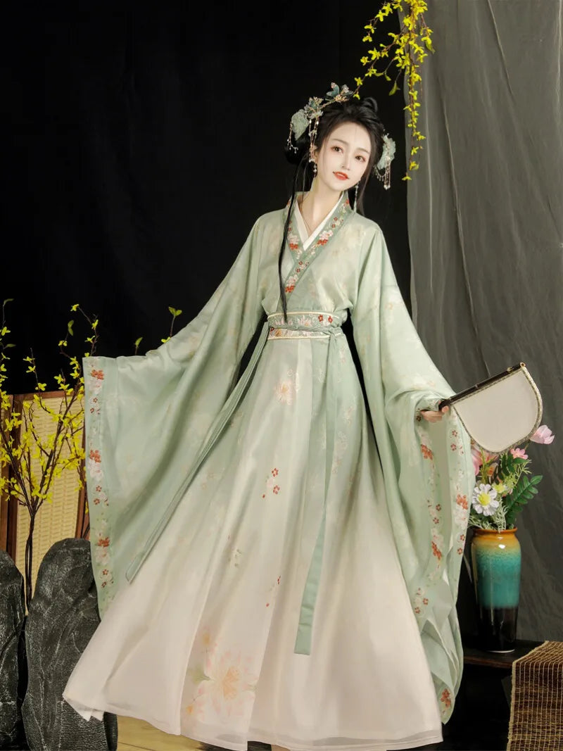 Wei Jin clothing embroidered cross-collar wide-sleeve waist skirt Hanfu dress for women
