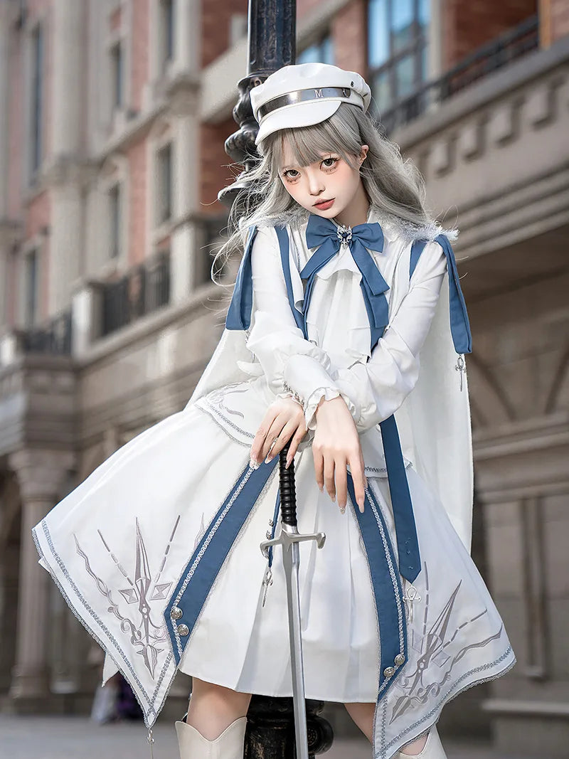 White Lolita dress with knight military punk style shirt and SK skirt set