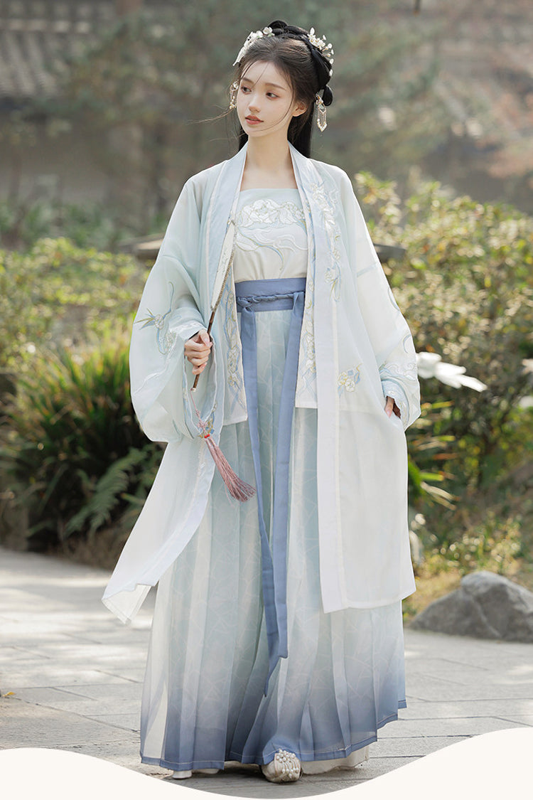 White/Blue [Auspicious Clouds] Long Sleeves High Waisted Ombre Embroidered Women's Classic Hanfu Dress Set