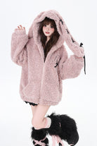 [Lace-Up Bunny Ears] Long Sleeves Hooded Plush-lined Zipper Sweet Lolita Coat 2 Colors