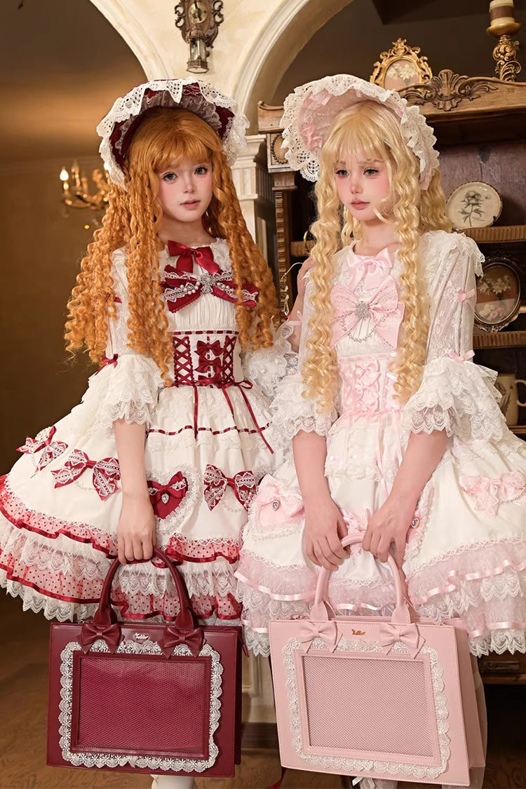 [Crimson Snowberry] Square Collar Sleeveless Double-Layered Ruffled Bow Lace-Up Sweet Elegant Lolita Jsk Dress 2 Colors