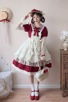 Red [Mist over Flowers Along the Path] Lapel Collar Long Sleeves Embroidery Bowknot Lace Sweet Lolita Dress