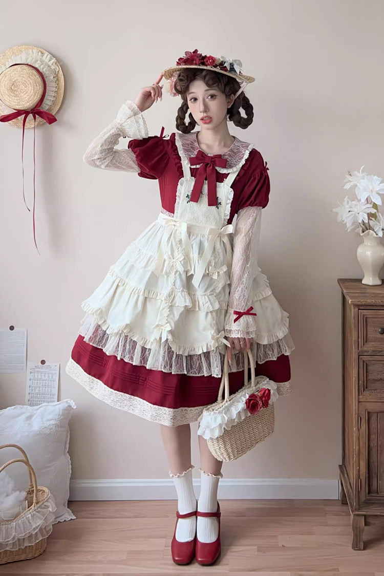 Red [Mist over Flowers Along the Path] Lapel Collar Long Sleeves Embroidery Bowknot Lace Sweet Lolita Dress