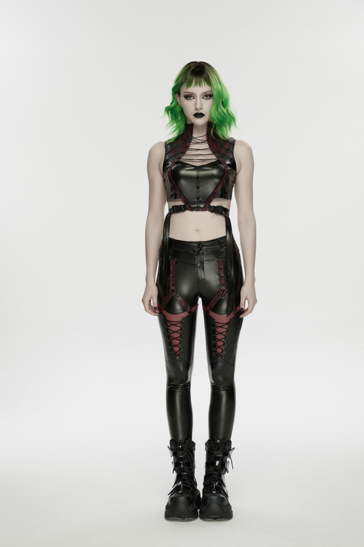 Black/Red Cut-Out Spliced Eyelet Mesh Women's Punk Leggings